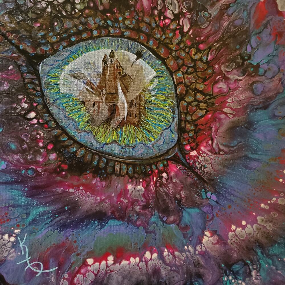 Art Print from my Original Work 12" x 12" "Dragon Eye Reflecting Castle"